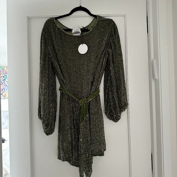 Retrofete Grace Mini Dress Small Army Green Sequins Self-tie Belt Back Keyhole - Picture 3 of 12